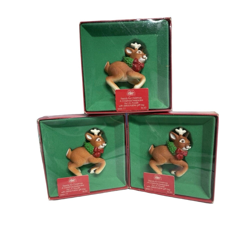 Vintage Whimsy Deer Christmas Ornament Kitschy Set Of 3 Hong Kong 1980 Artist